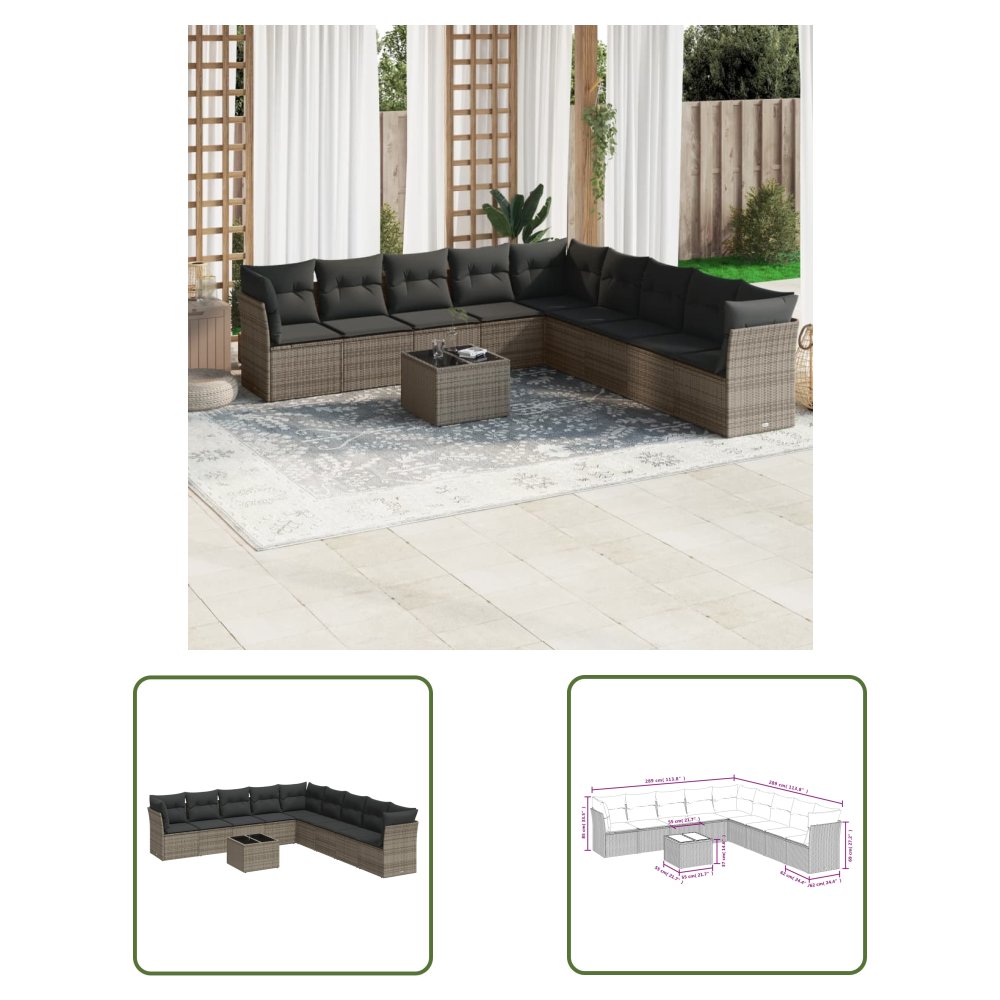 The Living Store 10-cz. zestaw wypoczynkowy do ogrodu - z poduszkami - szary - Sofa Ogrodowa