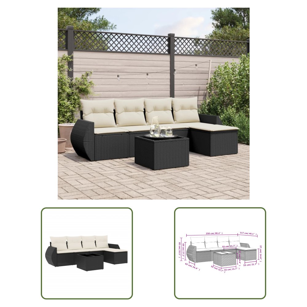 The Living Store 6-cz. zestaw mebli ogrodowych z poduszkami - czarny polirattan - Sofa Ogrodowa