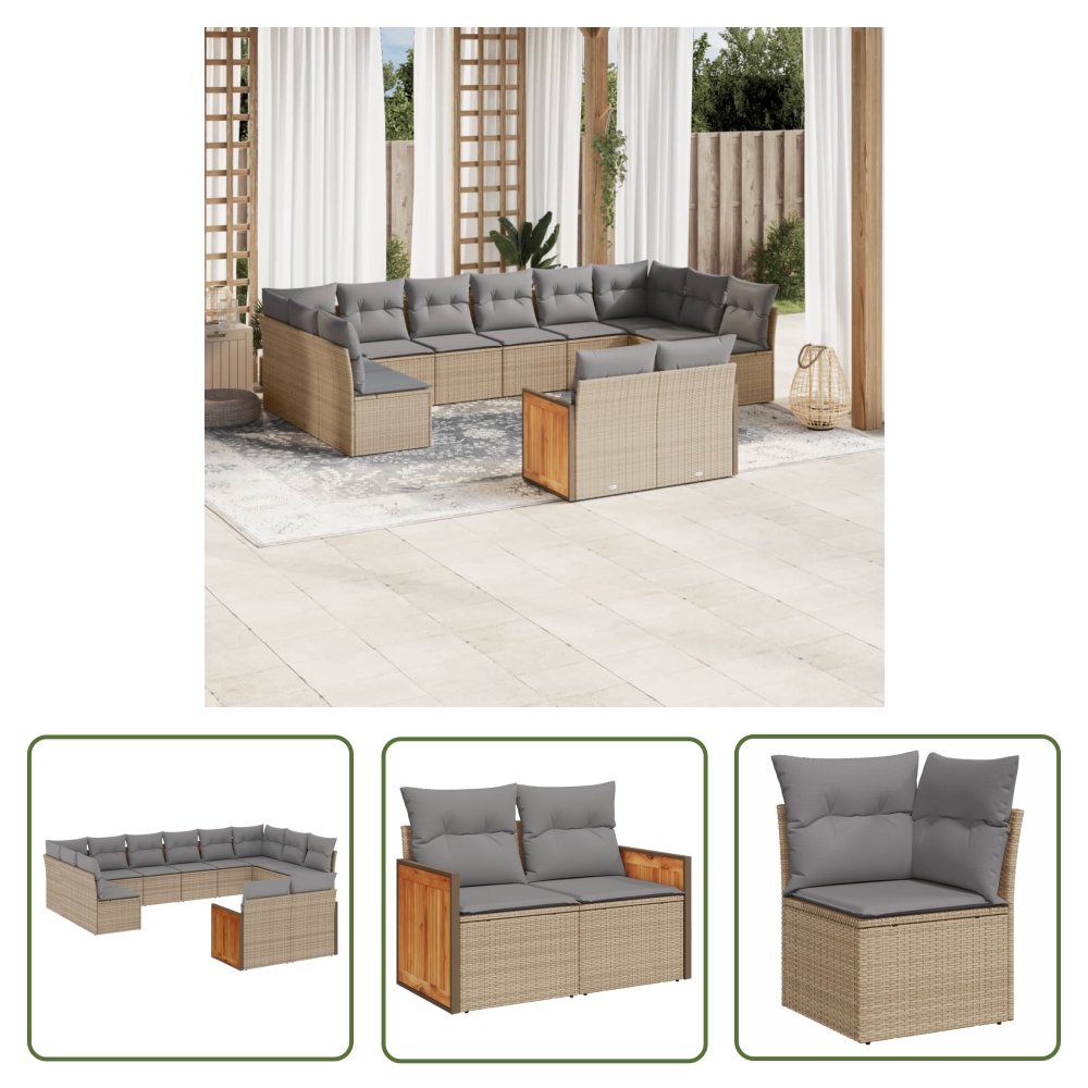 The Living Store 12-cz. zestaw mebli ogrodowych z poduszkami - beżowy - polirattan - Sofa Ogrodowa