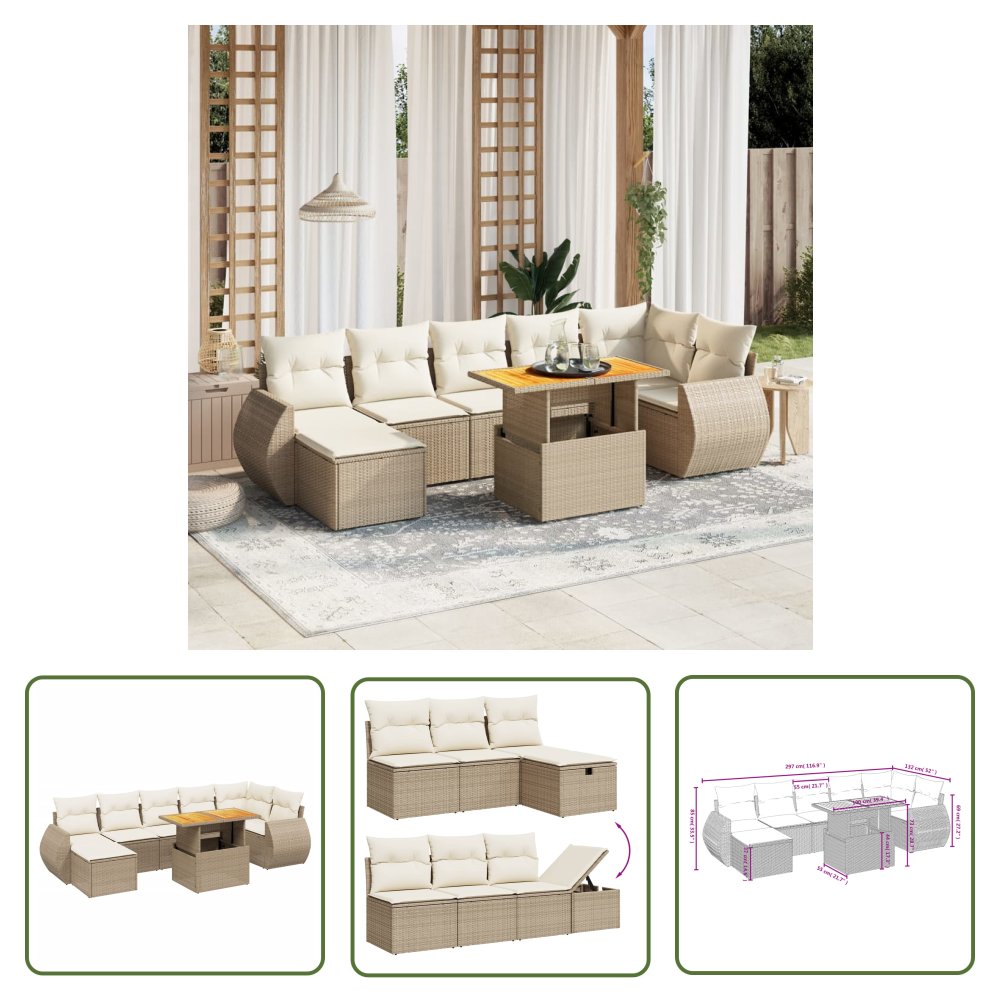 The Living Store 8-cz. zestaw mebli ogrodowych z poduszkami - beżowy - polirattan - Sofa Ogrodowa