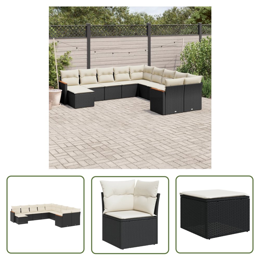 The Living Store 11-cz. zestaw wypoczynkowy do ogrodu - poduszki czarny rattan PE - Sofa Ogrodowa