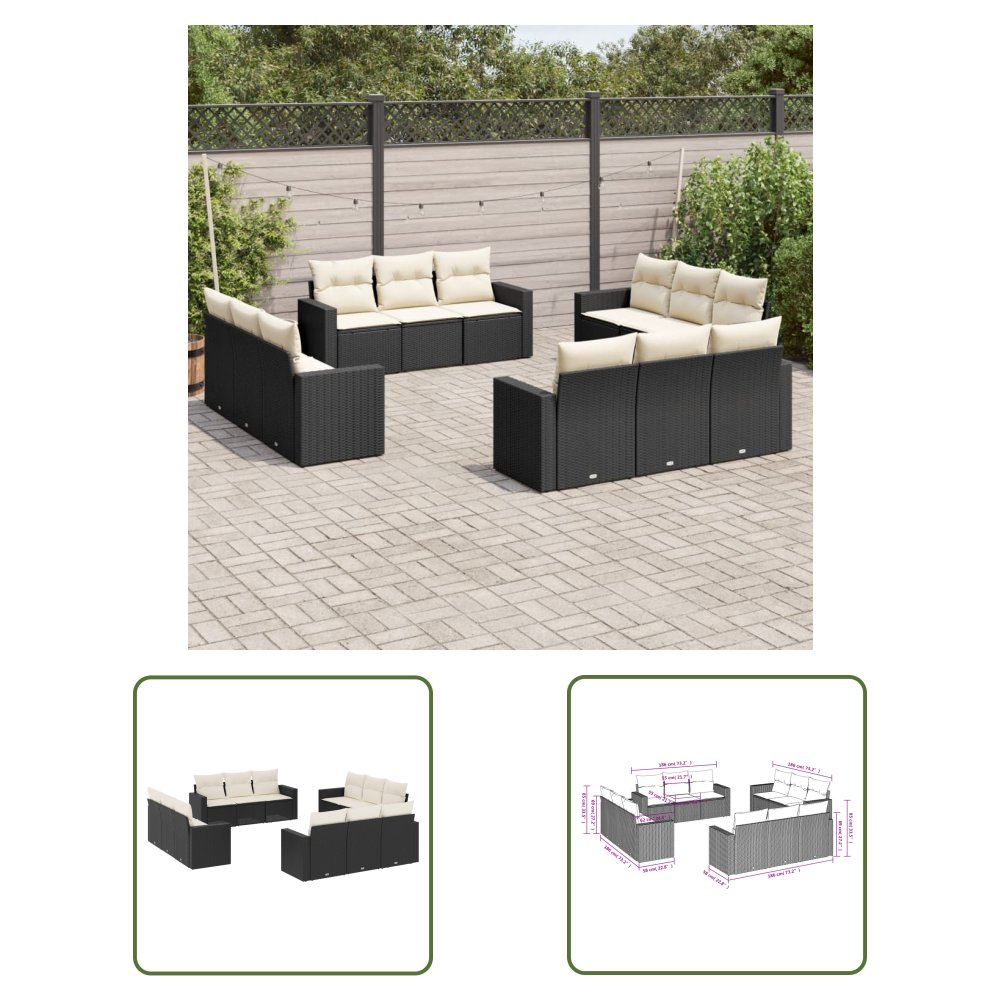 The Living Store 12-cz. zestaw mebli do ogrodu - z poduszkami - czarny - polirattan - Sofa Ogrodowa