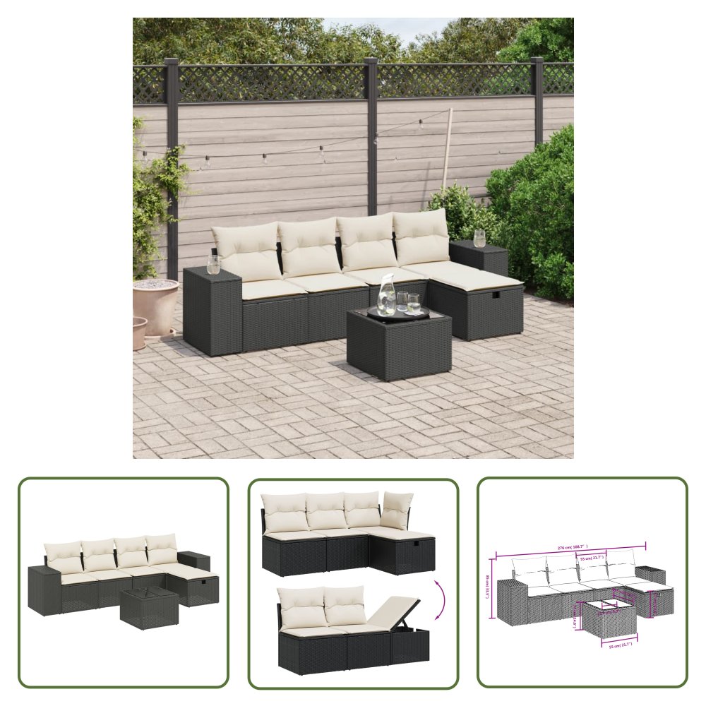 The Living Store 6-cz. zestaw mebli ogrodowych z poduszkami - czarny polirattan - Sofa Ogrodowa