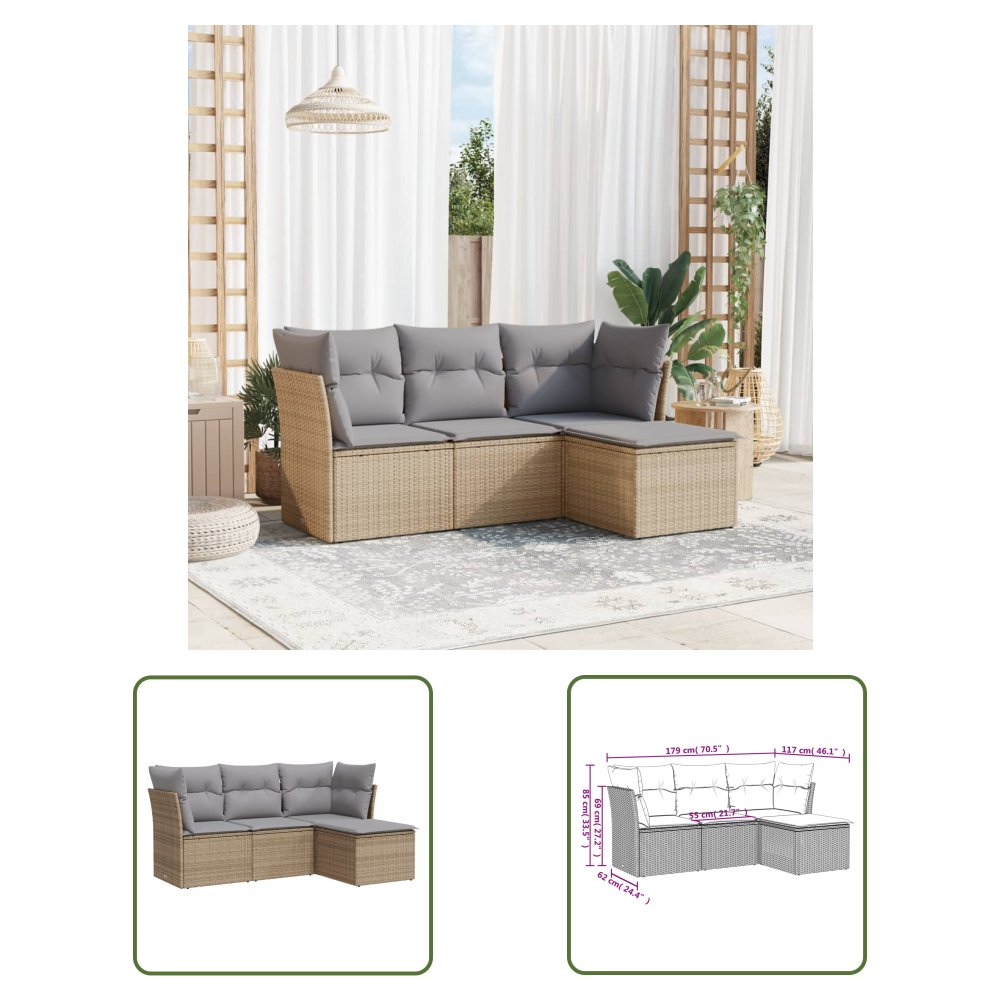 The Living Store 4-cz. zestaw mebli ogrodowych z poduszkami - beżowy - polirattan - Sofa Ogrodowa