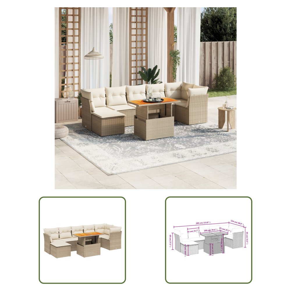 The Living Store 8-cz. zestaw mebli ogrodowych z poduszkami - beżowy - polirattan - Sofa Ogrodowa