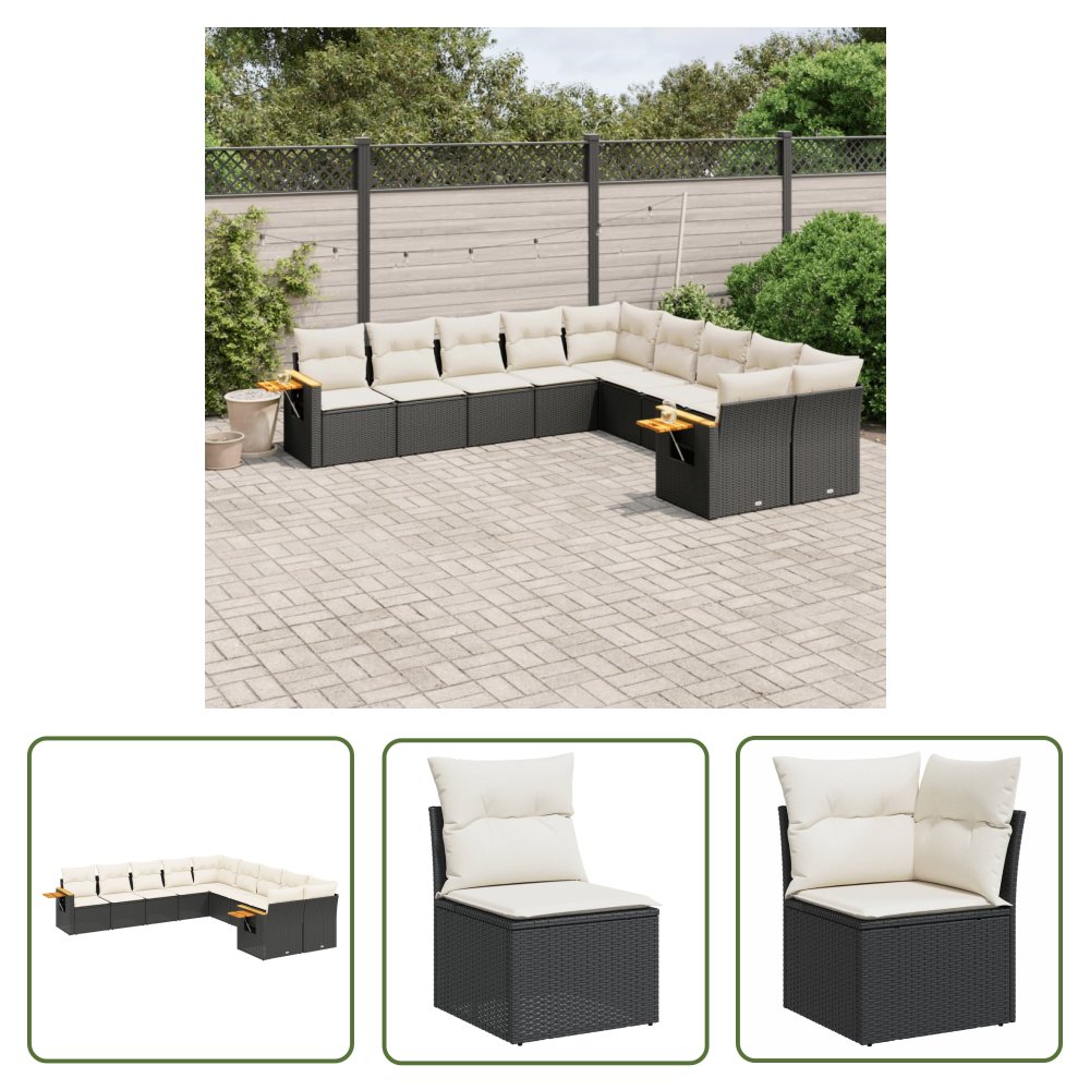 The Living Store 10-cz. zestaw wypoczynkowy do ogrodu - poduszki czarny rattan PE - Sofa Ogrodowa