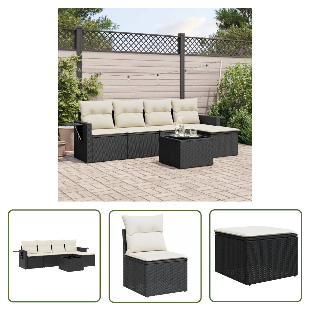 The Living Store 6-cz. zestaw mebli ogrodowych z poduszkami - czarny polirattan - Sofa Ogrodowa