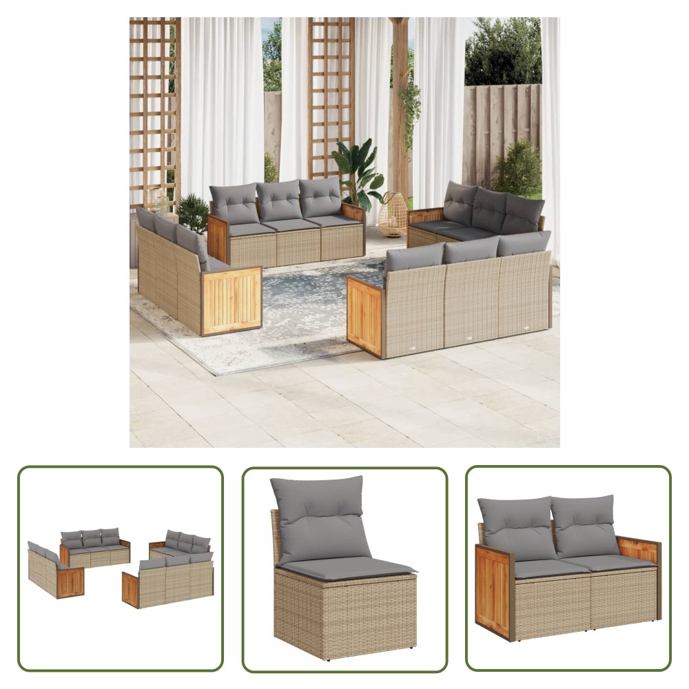 The Living Store 12-cz. zestaw mebli ogrodowych z poduszkami - beżowy - polirattan - Sofa Ogrodowa