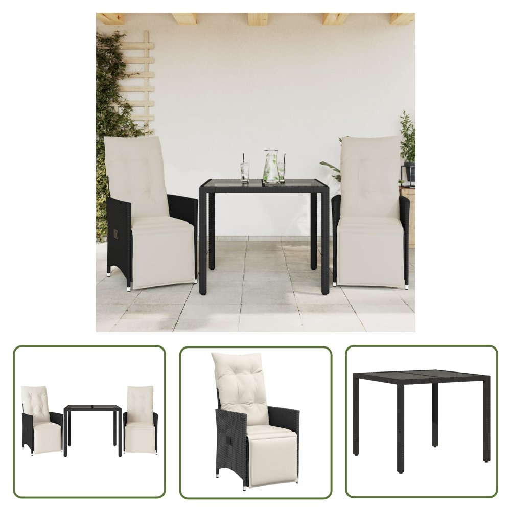 The Living Store 3-cz. zestaw mebli bistro z poduszkami - czarny - polirattan - Meble Ogrodow