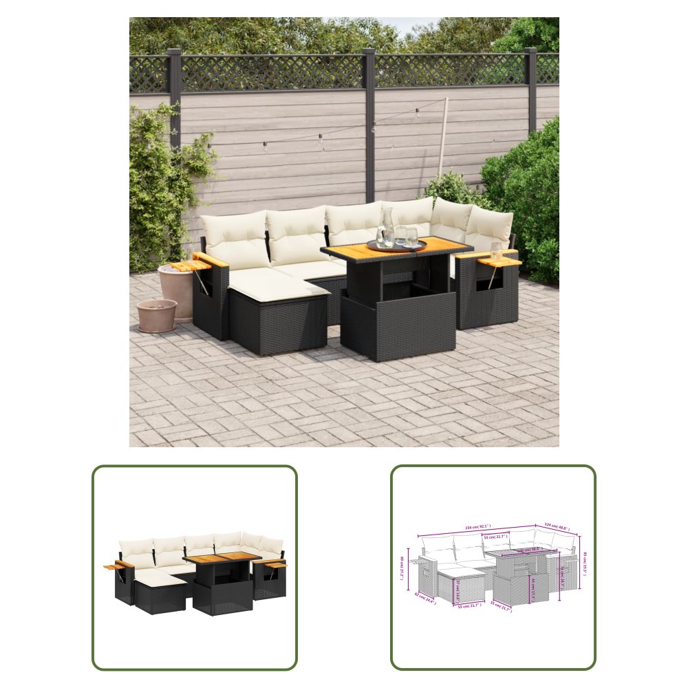 The Living Store 7-cz. zestaw wypoczynkowy do ogrodu - z poduszkami - czarny - Sofa Ogrodowa