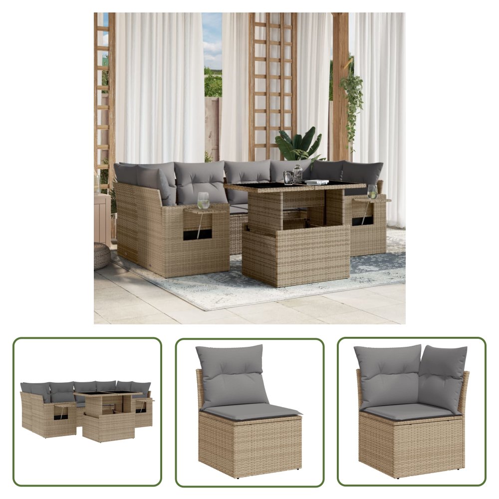 The Living Store 7-cz. zestaw wypoczynkowy do ogrodu - z poduszkami - beżowy - Sofa Ogrodowa
