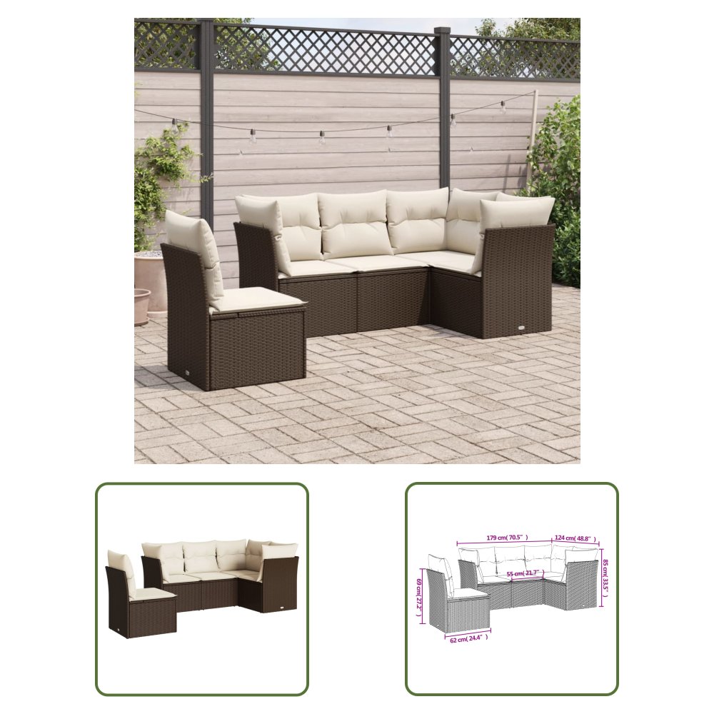 The Living Store 5-cz. zestaw mebli ogrodowych z poduszkami - brązowy - polirattan - Sofa Ogrodowa