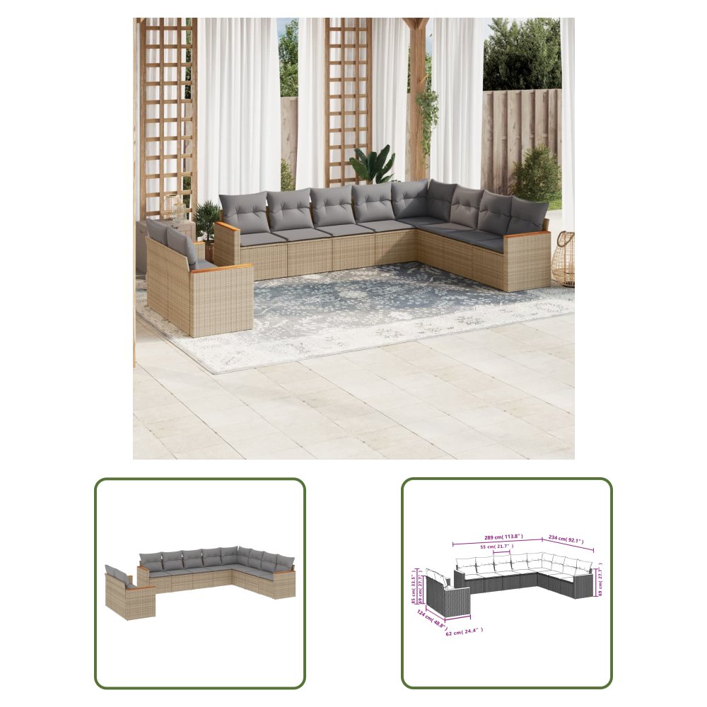 The Living Store 10-cz. zestaw mebli ogrodowych z poduszkami - beżowy - polirattan - Sofa Ogrodowa