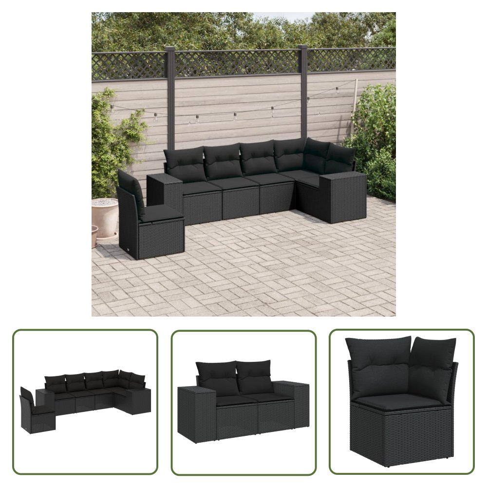 The Living Store 6-cz. zestaw mebli ogrodowych z poduszkami - czarny polirattan - Sofa Ogrodowa
