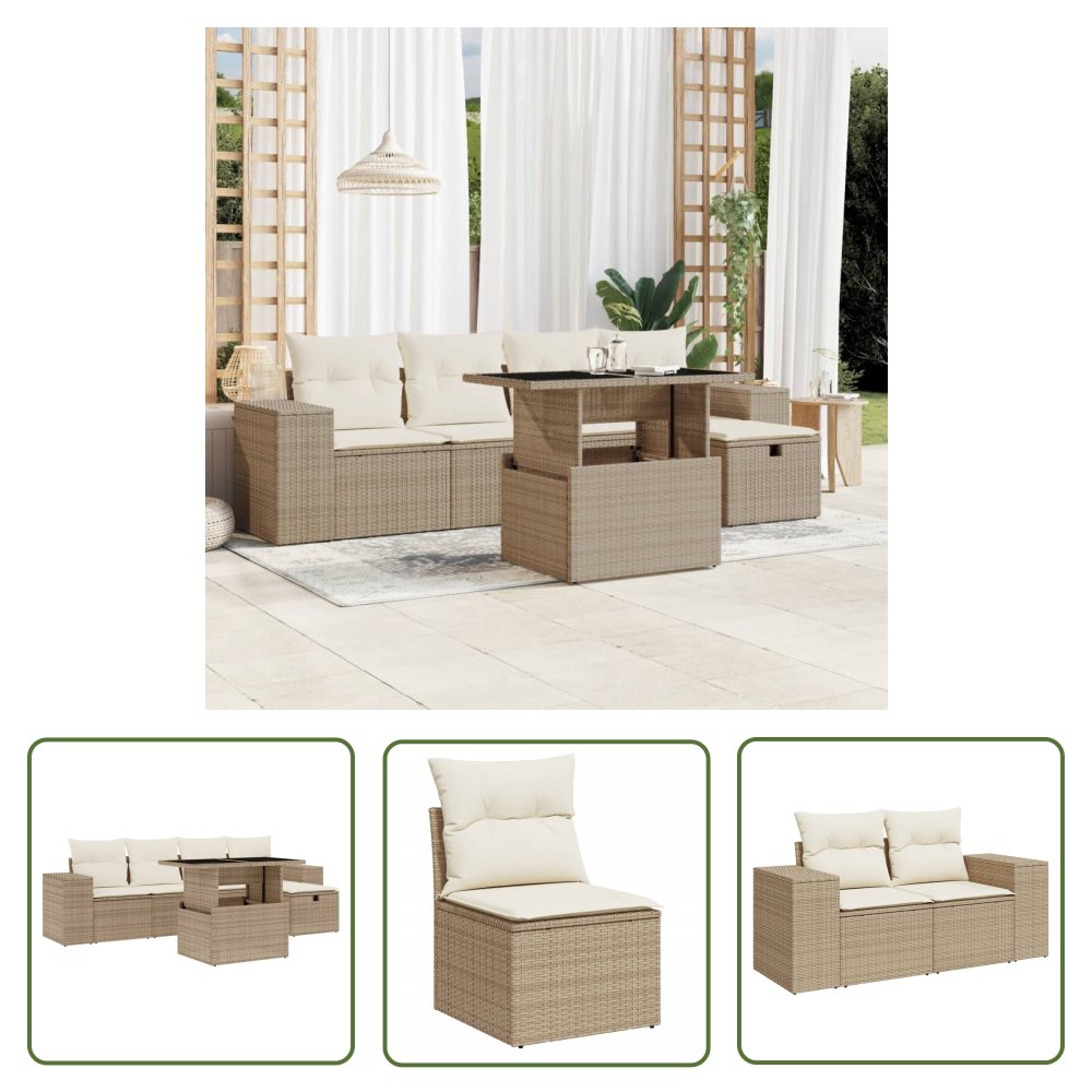 The Living Store 6-cz. zestaw mebli ogrodowych z poduszkami - beżowy - polirattan - Sofa Ogrodowa