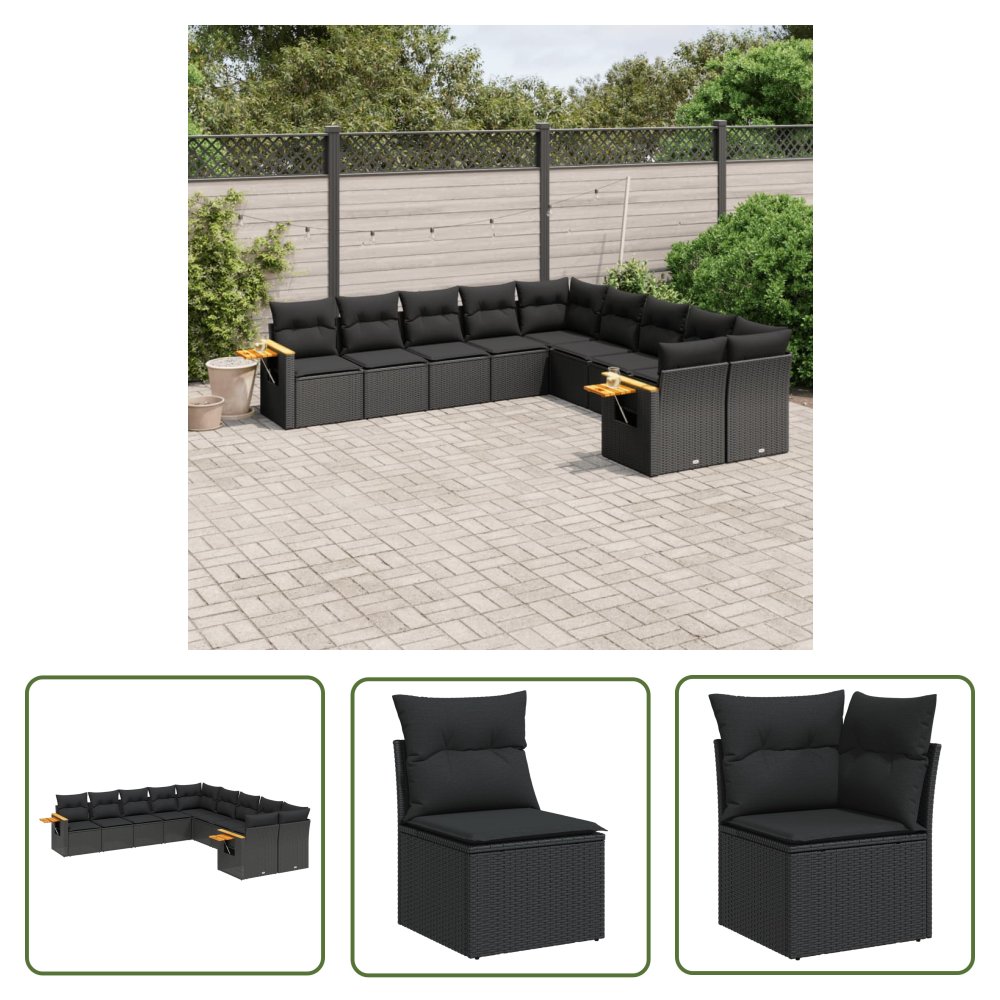 The Living Store 10-cz. zestaw wypoczynkowy do ogrodu - poduszki czarny rattan PE - Sofa Ogrodowa