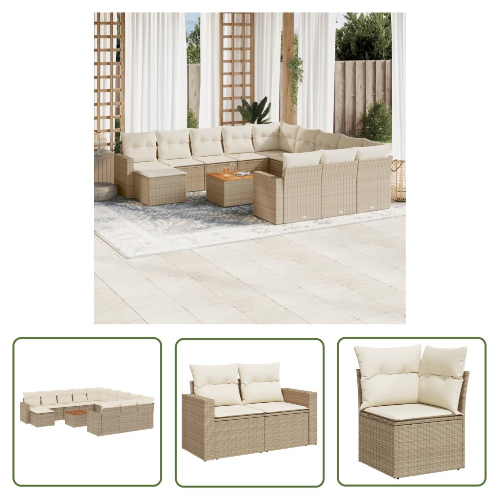 The Living Store 13-cz. zestaw mebli ogrodowych z poduszkami - beżowy - polirattan - Sofa Ogrodowa