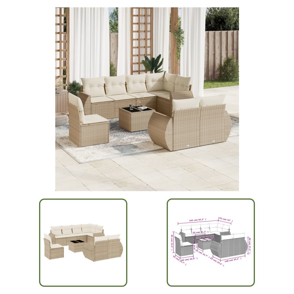 The Living Store 9-cz. zestaw mebli ogrodowych z poduszkami - beżowy - polirattan - Sofa Ogrodowa