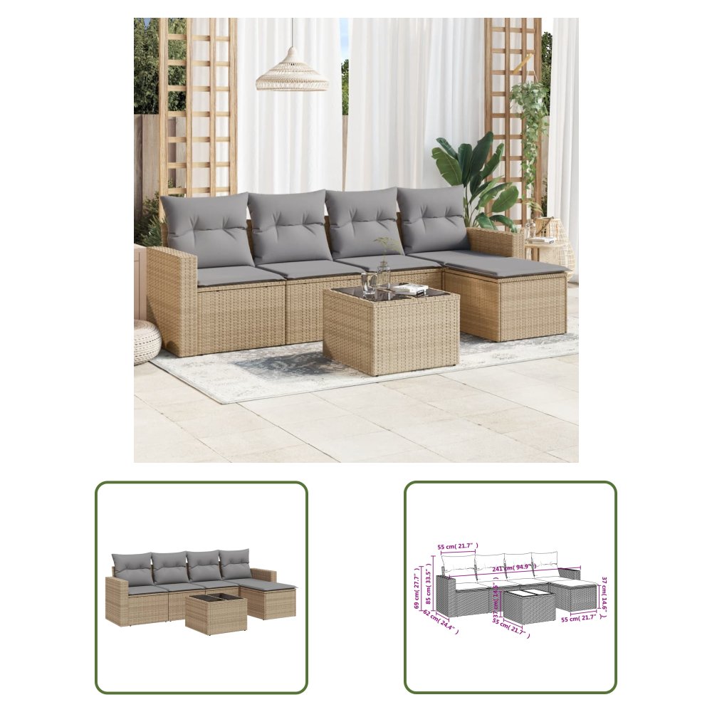 The Living Store 6-cz. zestaw mebli ogrodowych z poduszkami - beżowy - polirattan - Sofa Ogrodowa
