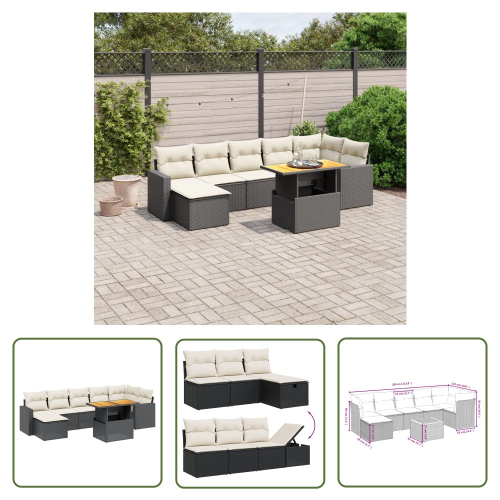 The Living Store 8-cz. zestaw wypoczynkowy do ogrodu - z poduszkami - czarny - Sofa Ogrodowa