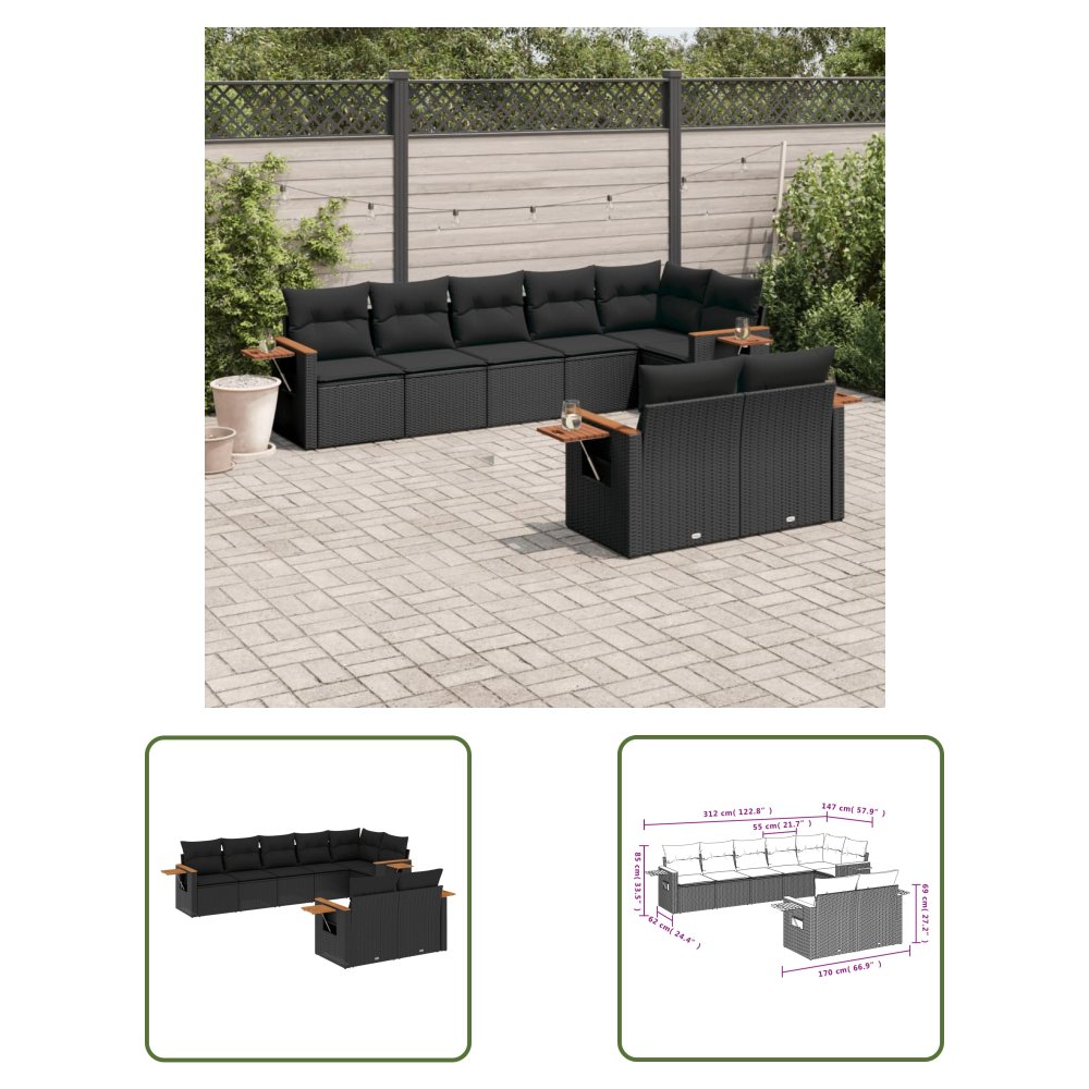 The Living Store 8-cz. zestaw wypoczynkowy do ogrodu - z poduszkami - czarny - Sofa Ogrodowa