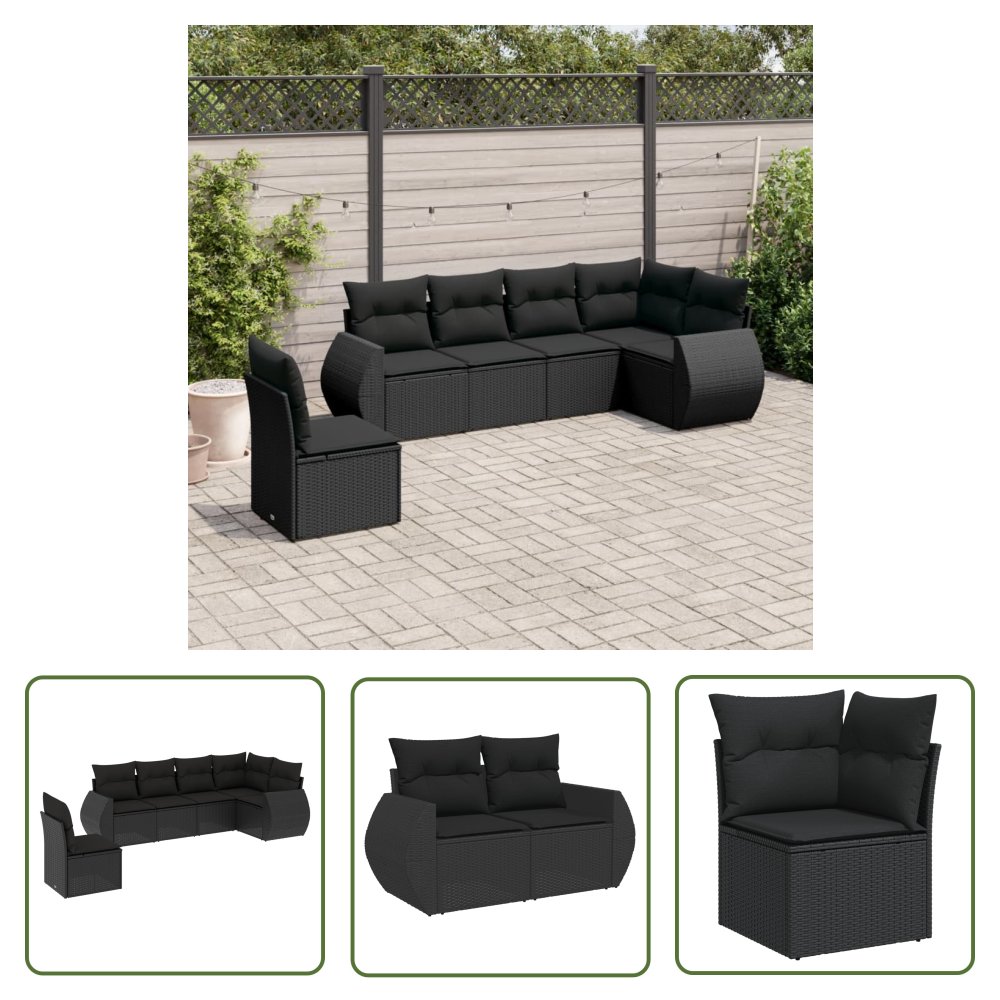 The Living Store 6-cz. zestaw mebli ogrodowych z poduszkami - czarny polirattan - Sofa Ogrodowa