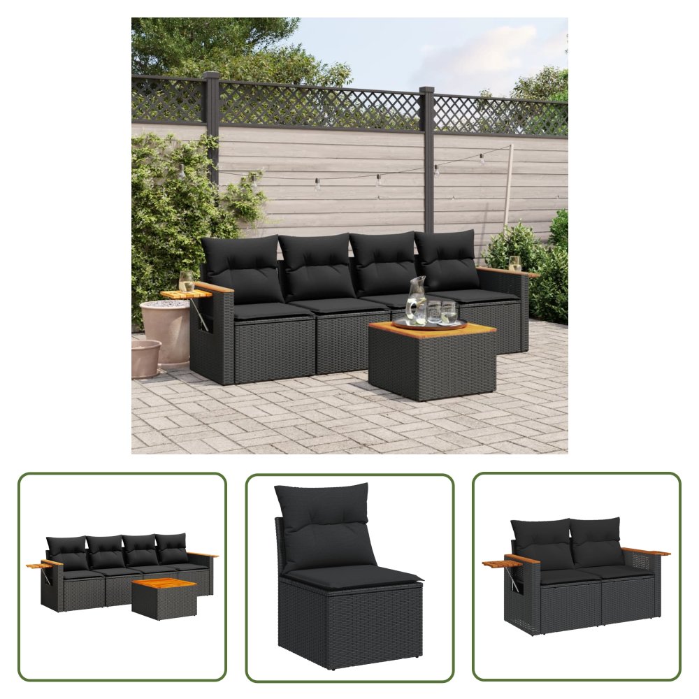 The Living Store 5-cz. zestaw wypoczynkowy do ogrodu - poduszki - czarny rattan PE - Sofa Ogrodowa
