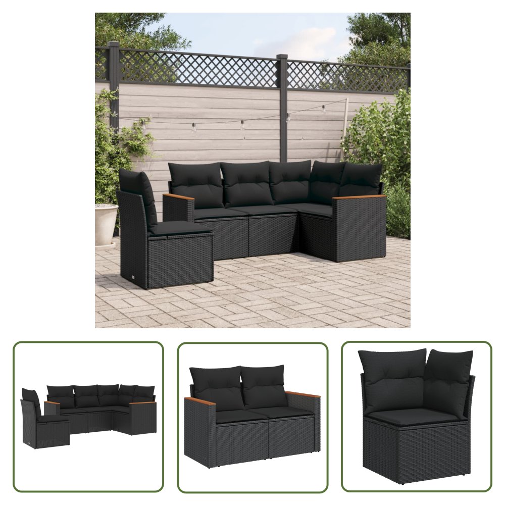 The Living Store 5-cz. zestaw wypoczynkowy do ogrodu - poduszki - czarny rattan PE - Sofa Ogrodowa