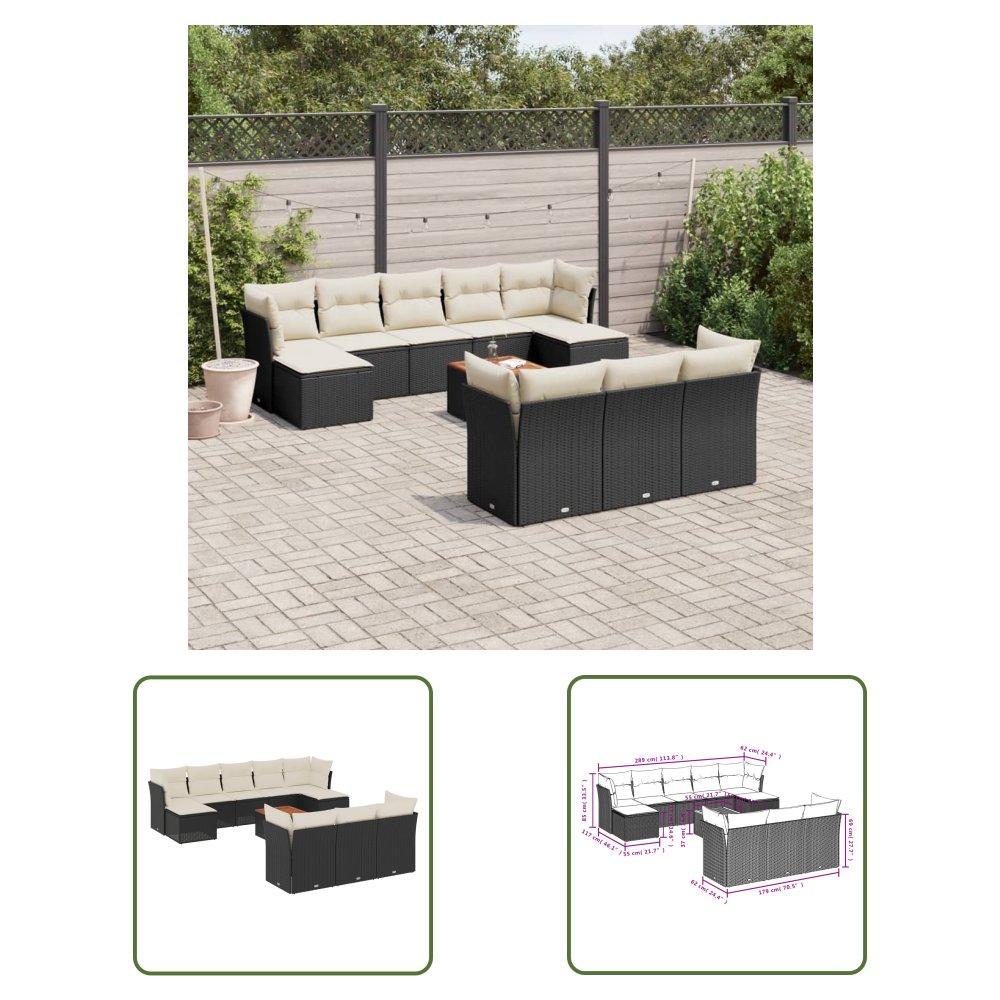 The Living Store 11-cz. zestaw wypoczynkowy do ogrodu - poduszki czarny rattan PE - Sofa Ogrodowa