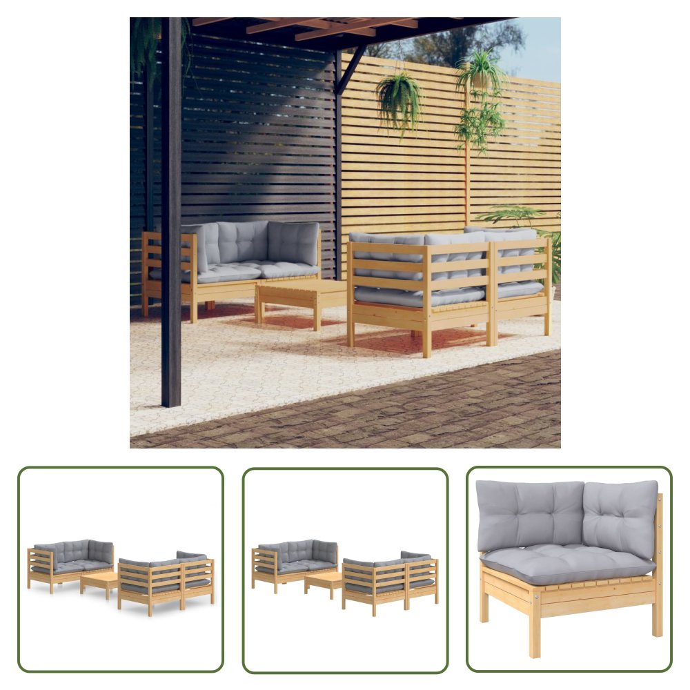 The Living Store 5-cz. zestaw wypoczynkowy do ogrodu - szare poduszki - sosnowy - Zestaw Mebli Ogrodowych