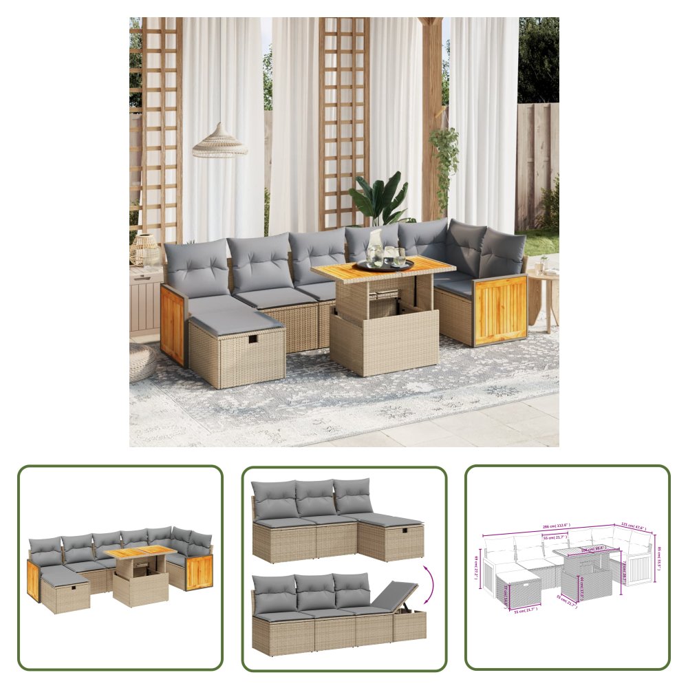 The Living Store 8-cz. zestaw mebli ogrodowych z poduszkami - beżowy - polirattan - Sofa Ogrodowa