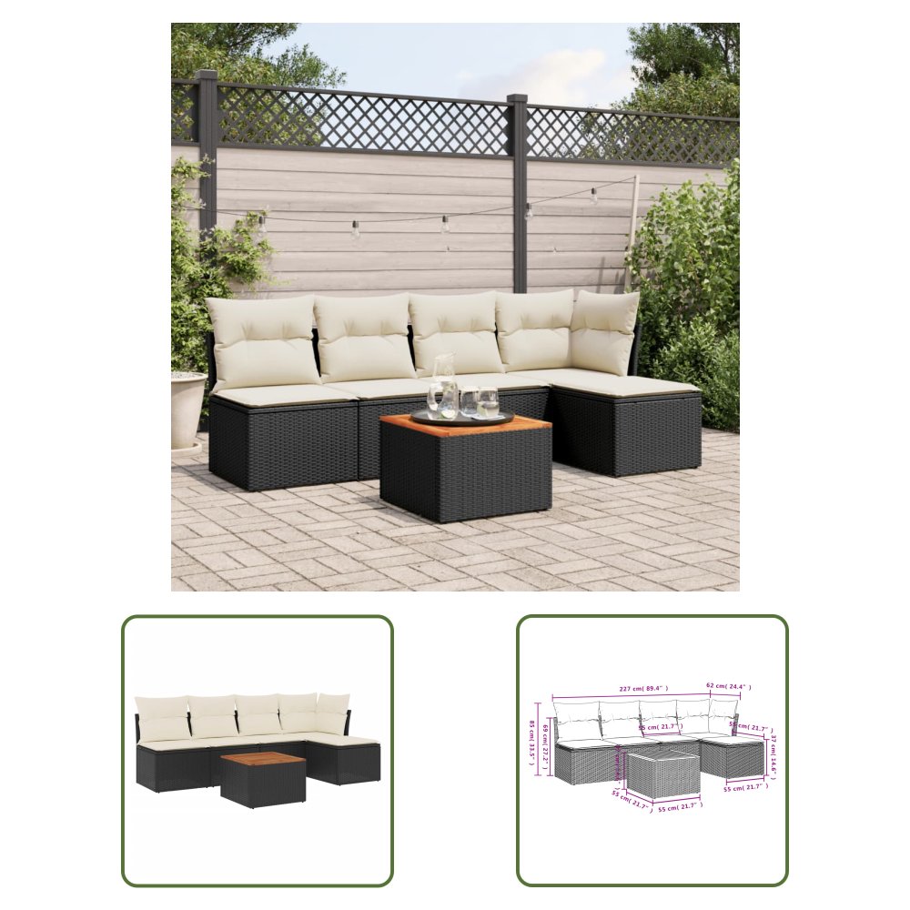 The Living Store 6-cz. zestaw mebli ogrodowych z poduszkami - czarny polirattan - Sofa Ogrodowa