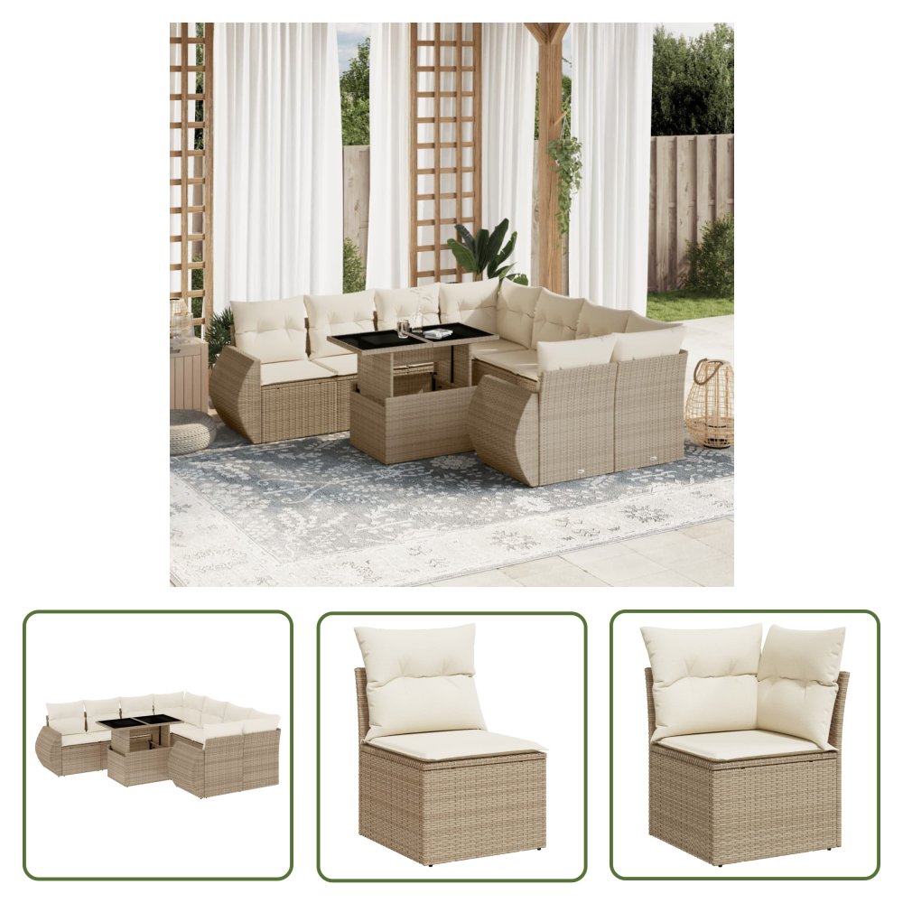 The Living Store 9-cz. zestaw mebli ogrodowych z poduszkami - beżowy - polirattan - Sofa Ogrodowa