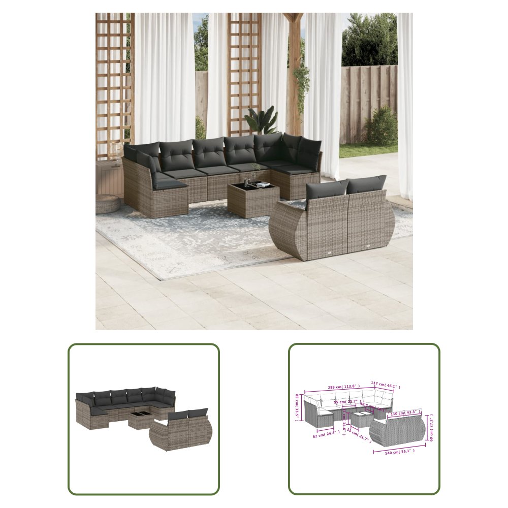 The Living Store 10-cz. zestaw wypoczynkowy do ogrodu - z poduszkami - szary - Sofa Ogrodowa