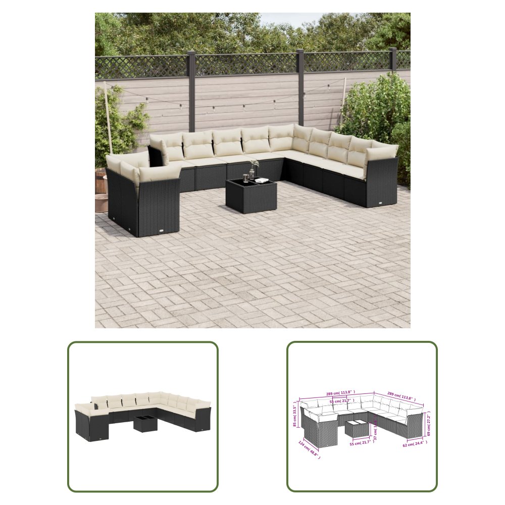 The Living Store 12-cz. zestaw mebli do ogrodu - z poduszkami - czarny - polirattan - Sofa Ogrodowa
