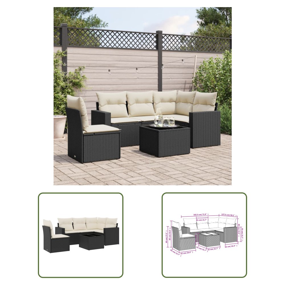 The Living Store 6-cz. zestaw mebli ogrodowych z poduszkami - czarny polirattan - Sofa Ogrodowa
