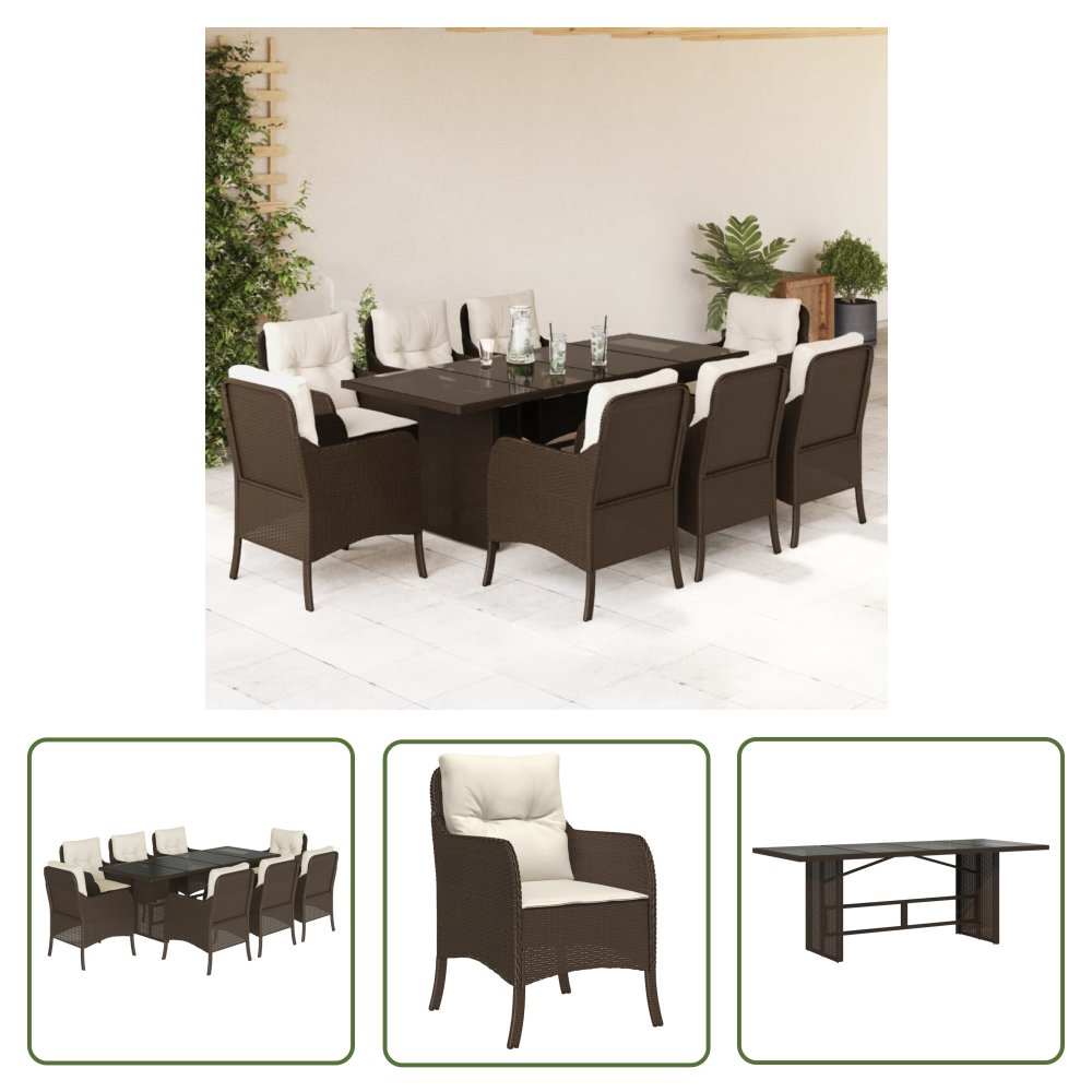 The Living Store 9-cz. zestaw mebli ogrodowych z poduszkami - brązowy - rattan PE - Meble Ogrodowe