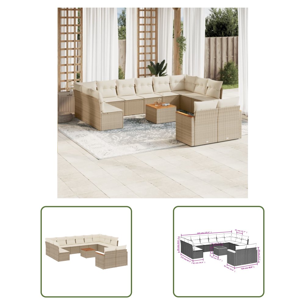 The Living Store 13-cz. zestaw mebli ogrodowych z poduszkami - beżowy - polirattan - Sofa Ogrodowa