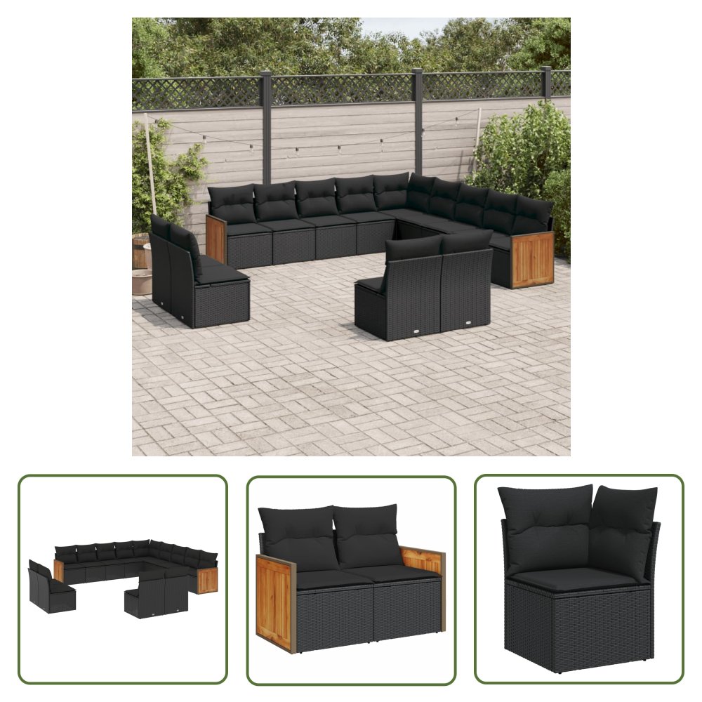 The Living Store 13-cz. zestaw mebli do ogrodu - poduszki - czarny - rattan PE - Sofa Ogrodowa