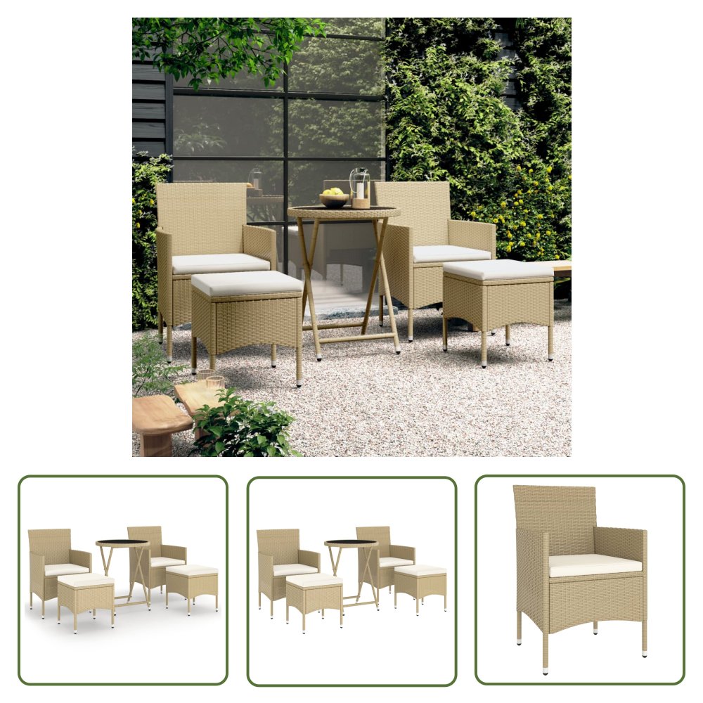 The Living Store 5-cz. zestaw bistro do ogrodu - rattan PE i szkło hartowane - beż - Zestaw Mebli Bistro Do Ogrodu