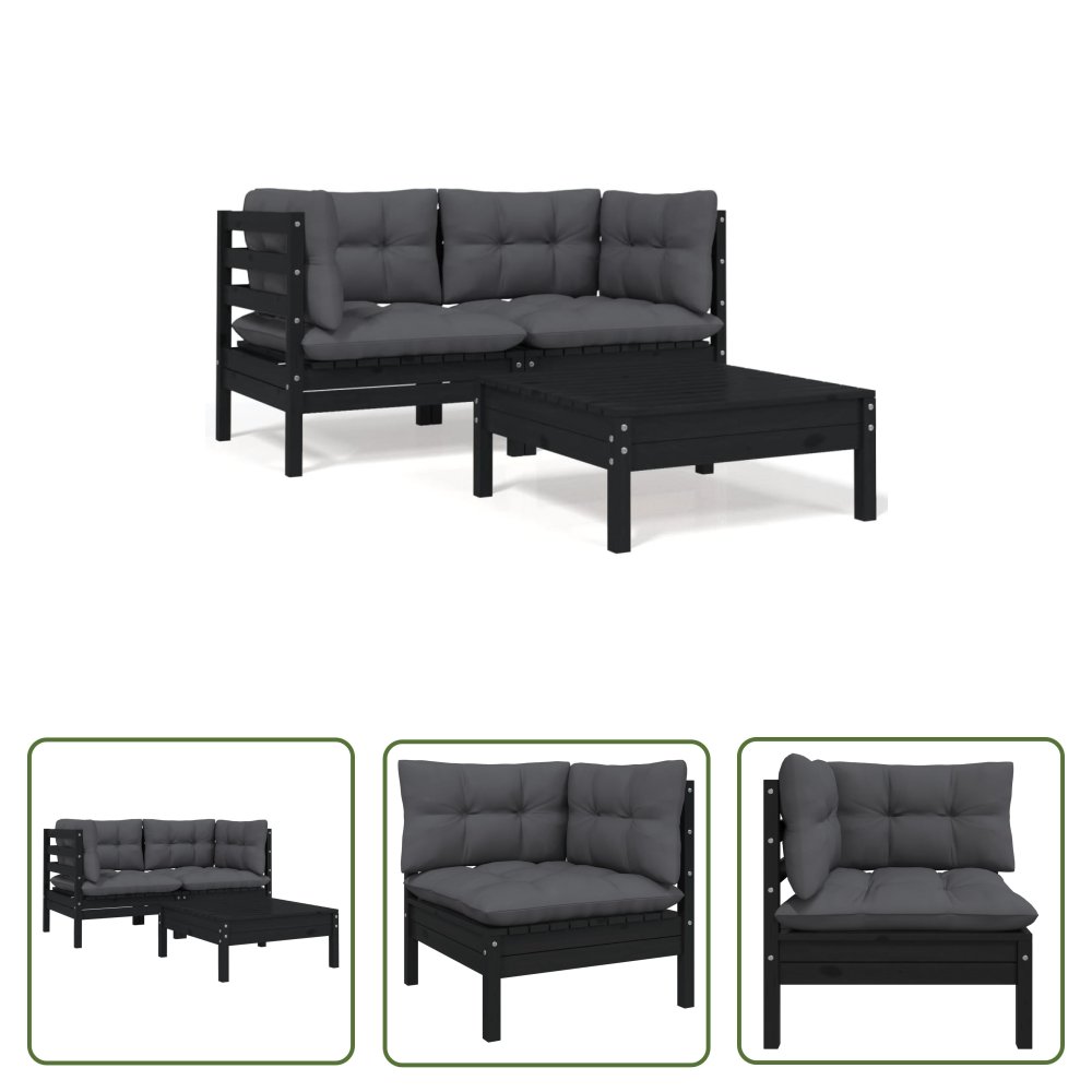 The Living Store 3-cz. zestaw wypoczynkowy do ogrodu - z poduszkami - czarny - Zestaw Wypoczynkowy Do Ogrodu