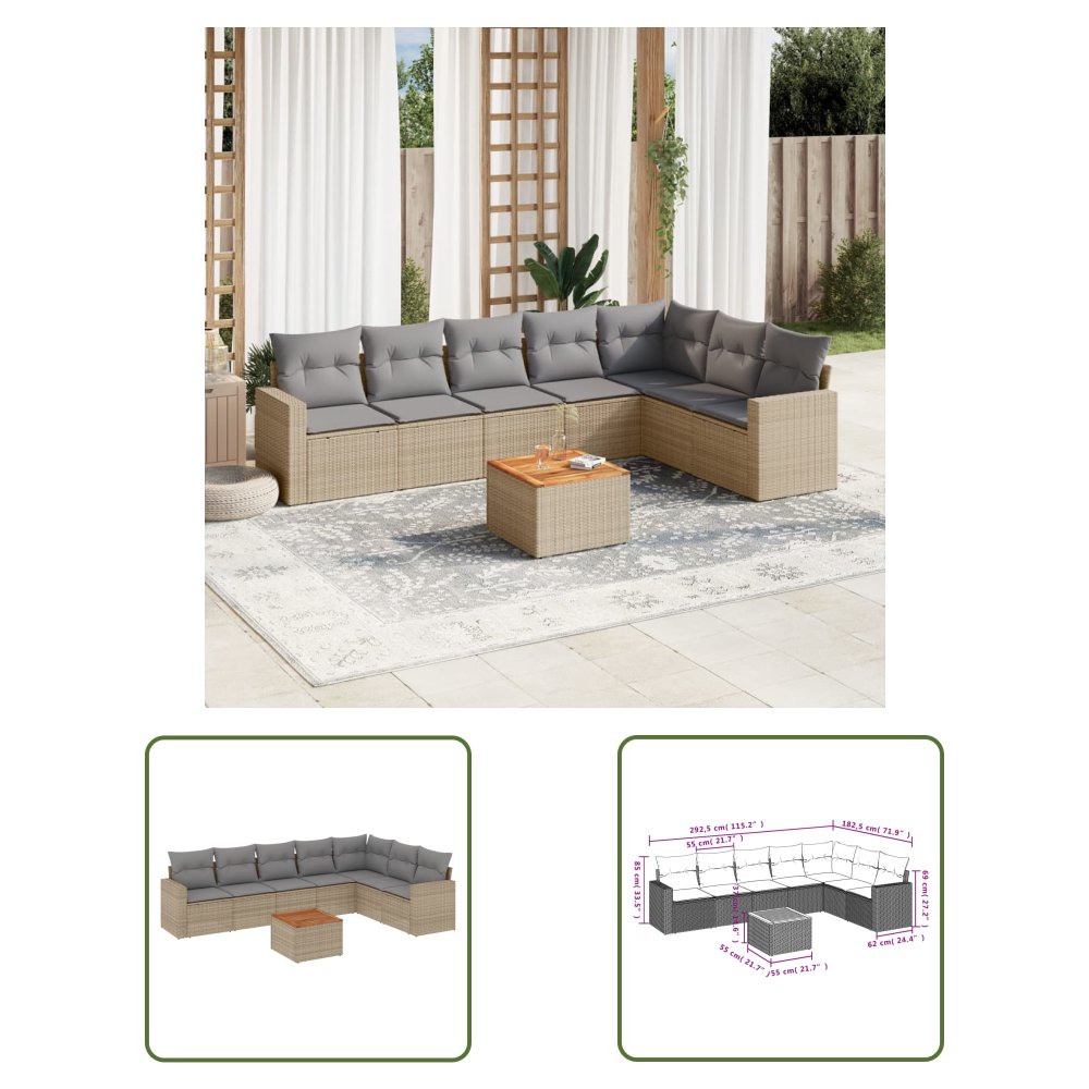 The Living Store 8-cz. zestaw mebli ogrodowych z poduszkami - beżowy - polirattan - Sofa Ogrodowa