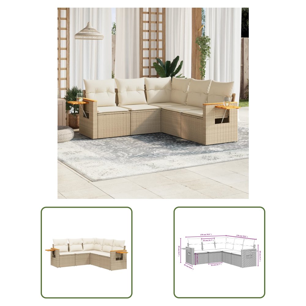The Living Store 5-cz. zestaw mebli ogrodowych z poduszkami - beżowy - polirattan - Sofa Ogrodowa