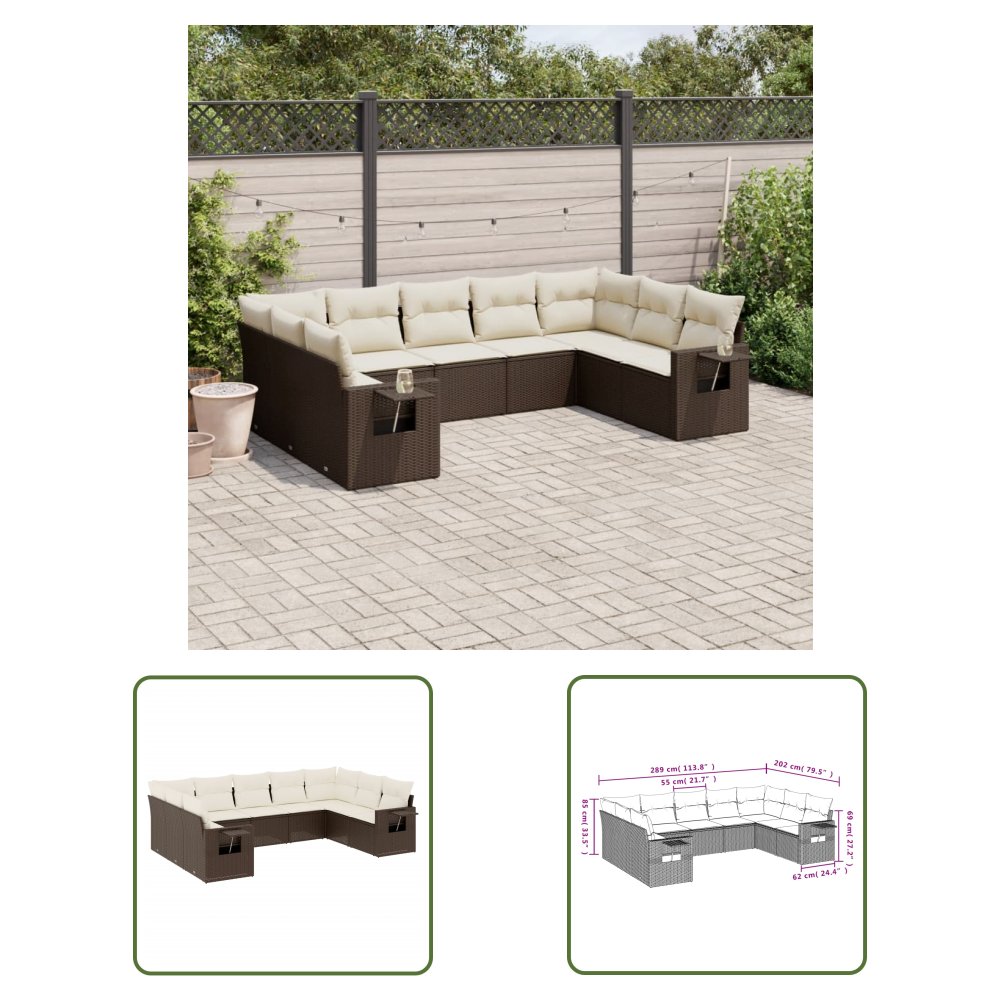 The Living Store 9-cz. zestaw mebli ogrodowych z poduszkami - brązowy - polirattan - Sofa Ogrodowa