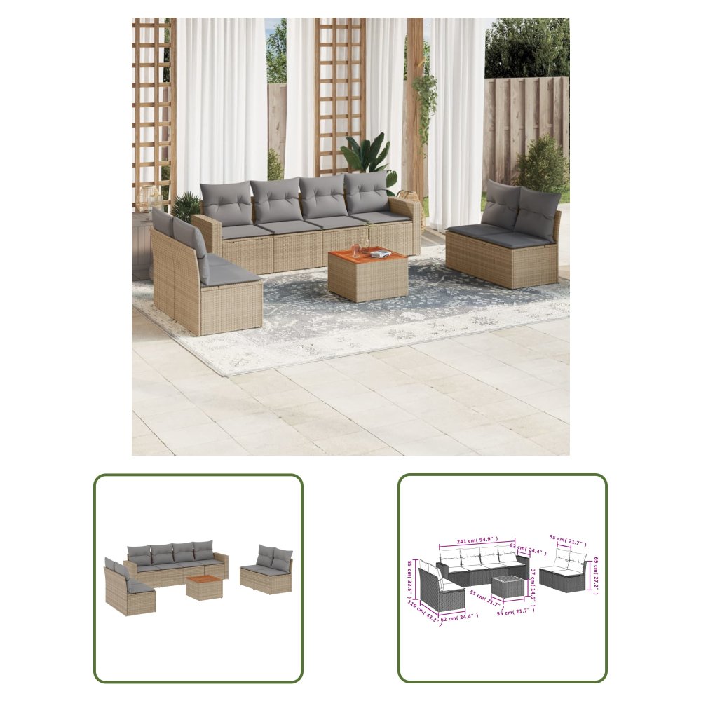 The Living Store 9-cz. zestaw mebli ogrodowych z poduszkami - beżowy - polirattan - Sofa Ogrodowa