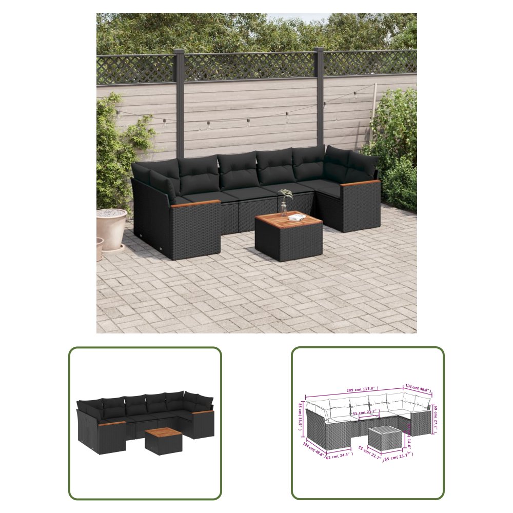 The Living Store 8-cz. zestaw wypoczynkowy do ogrodu - z poduszkami - czarny - Sofa Ogrodowa