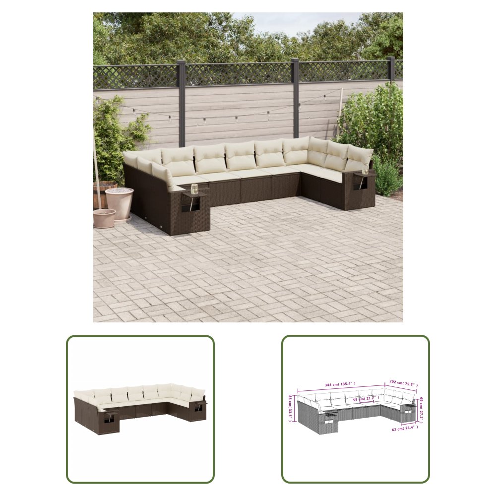 The Living Store 10-cz. zestaw mebli ogrodowych z poduszkami - brązowy polirattan - Sofa Ogrodowa