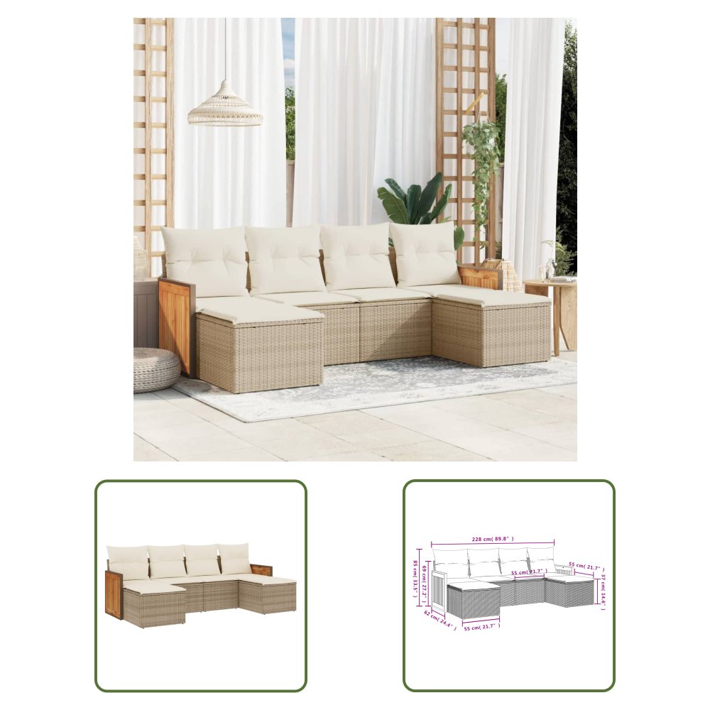 The Living Store 6-cz. zestaw mebli ogrodowych z poduszkami - beżowy - polirattan - Sofa Ogrodowa