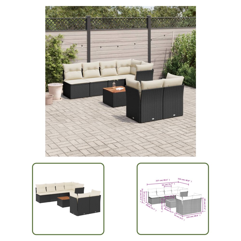 The Living Store 8-cz. zestaw wypoczynkowy do ogrodu - z poduszkami - czarny - Sofa Ogrodowa