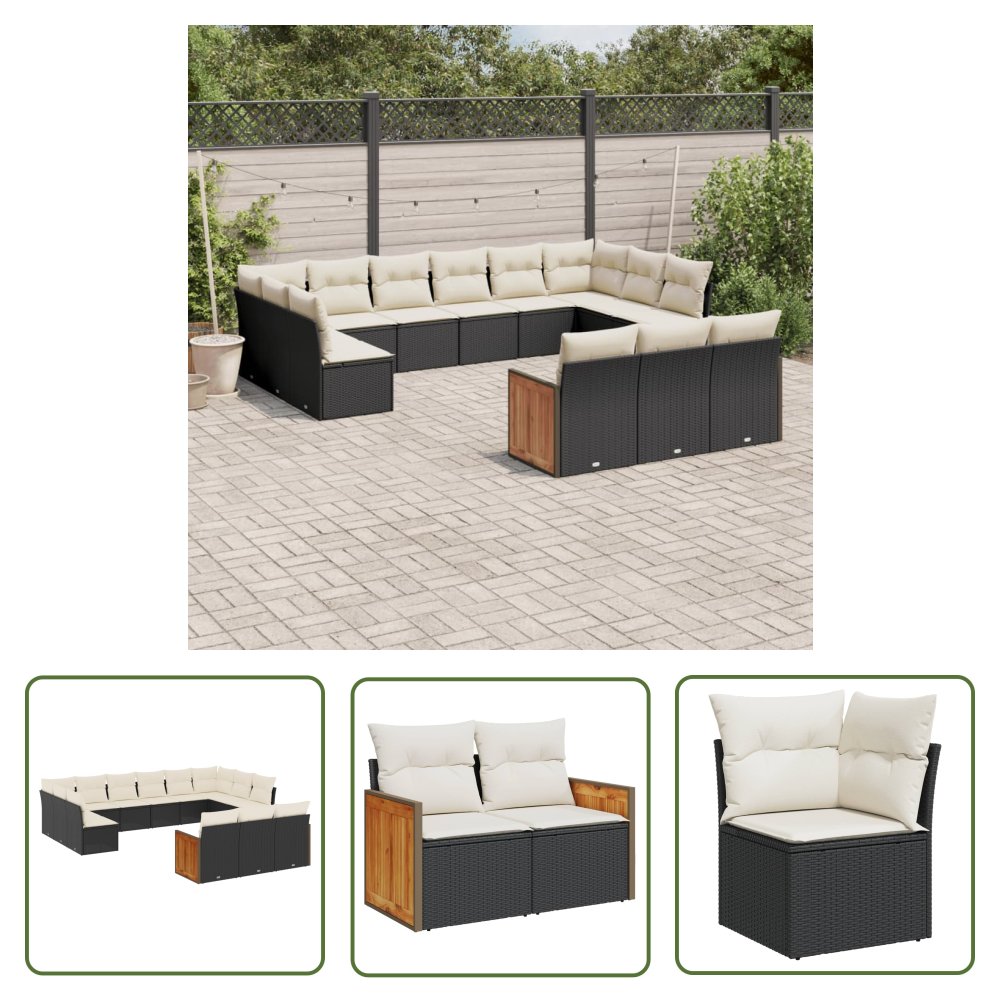 The Living Store 13-cz. zestaw mebli do ogrodu - poduszki - czarny - rattan PE - Sofa Ogrodowa
